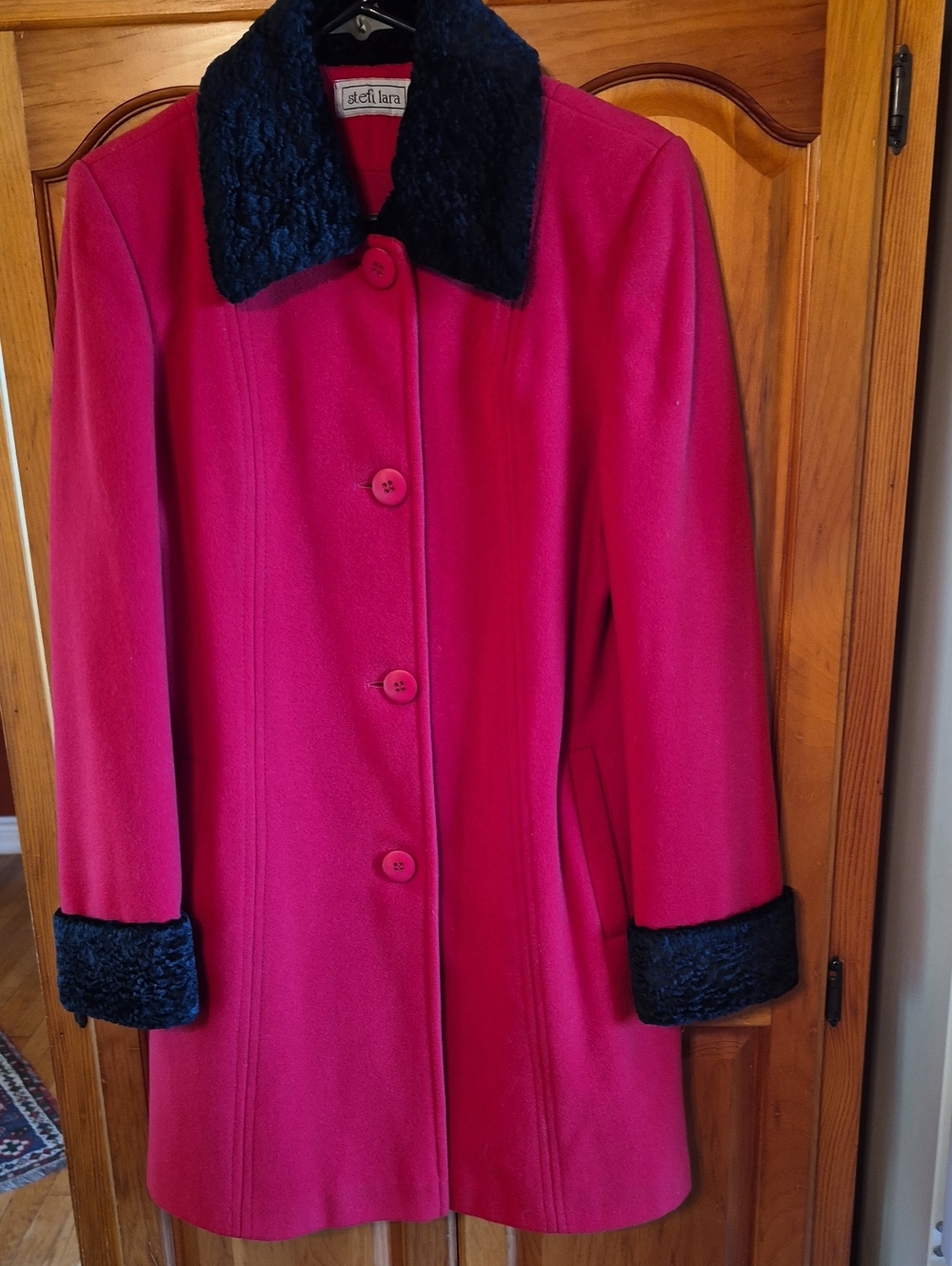 Vintage Stefi Lara Cashmere Virgin Wool Mid Coat Red Faux Fur Trim Size 8